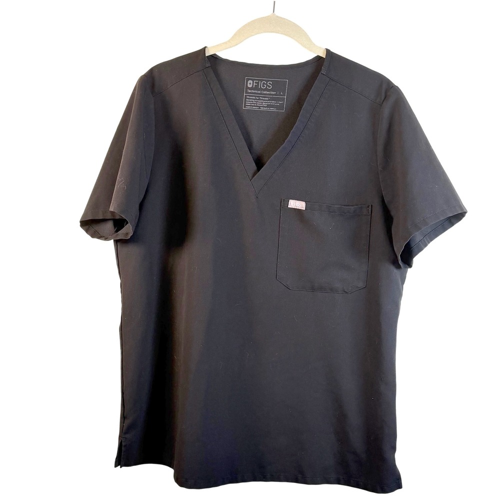 FIGS Technical Collection Mens V-Neck Scrub Top Black Size Large Chest Pocket
